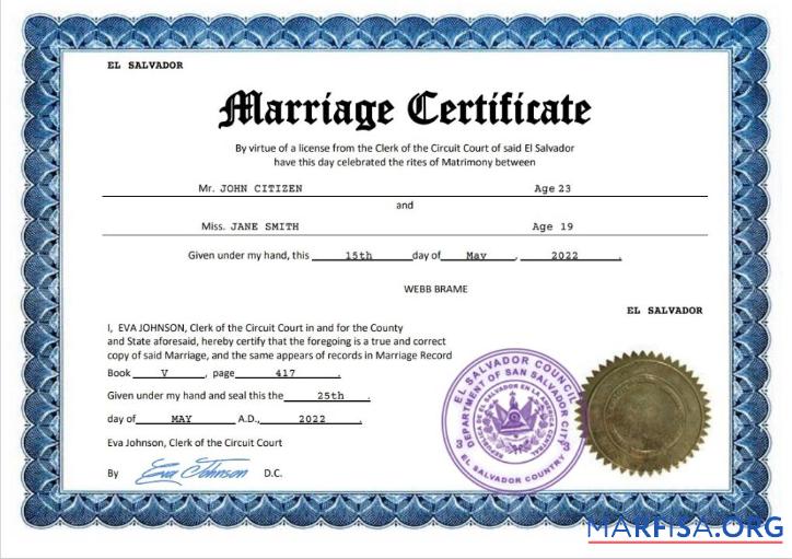 Printable El Salvador marriage certificate Word and PDF template